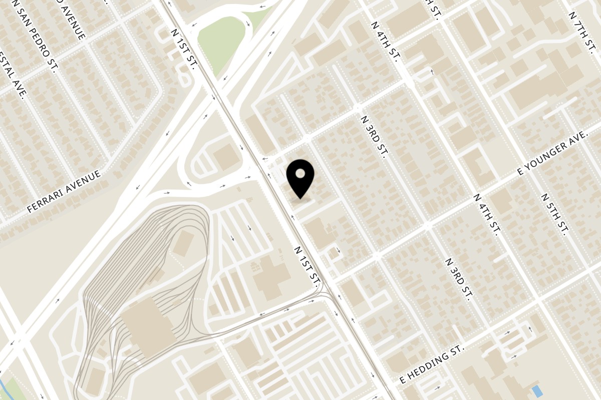 Map showing the location of Shark Boy Fish and Chips on 1100 N First St in San Jose